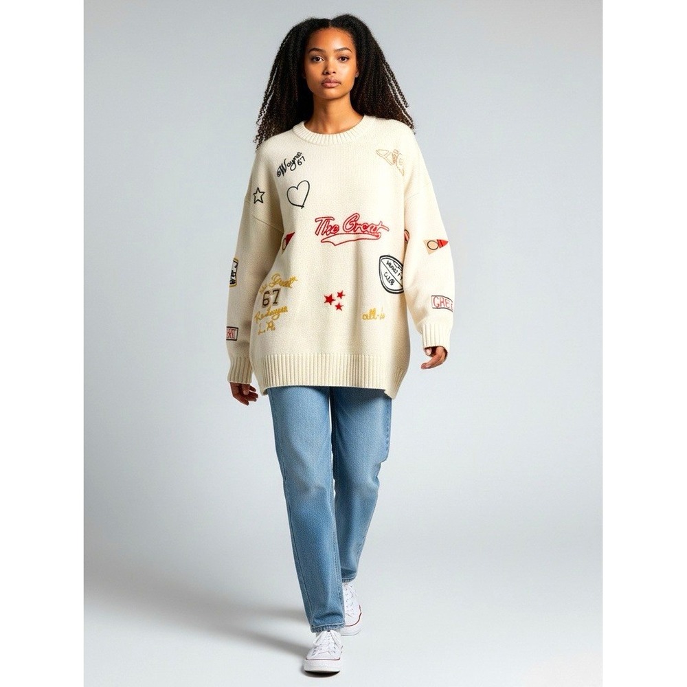 The Great Womens Cream Knit Embroidered Crew Neck Oversized Pullover